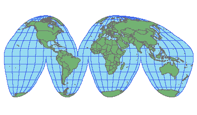 An illustration of the land-oriented version of the Goode's homolosine projection.