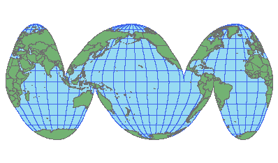 An illustration of the ocean-oriented version of the Goode's homolosine projection.