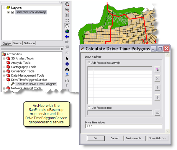 Calculate Drivetime Polygons service in ArcMap session