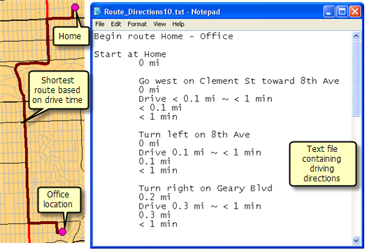 Example output from Calculate Shortest Route and Text Directions