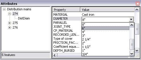 A list of coded value domains for pipe diameter
