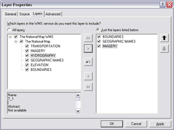 Layers tab for a WMS service