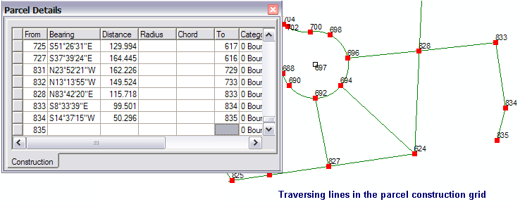 Traverse lines in the parcel construction grid
