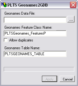 PLTS GeoNames2GDB dialog box