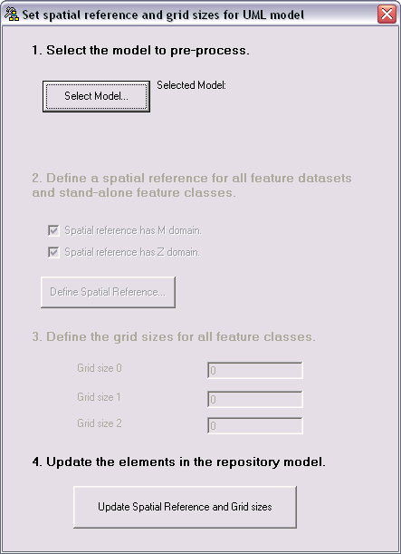 Set spatial reference and grid sizes for UML Model dialog box