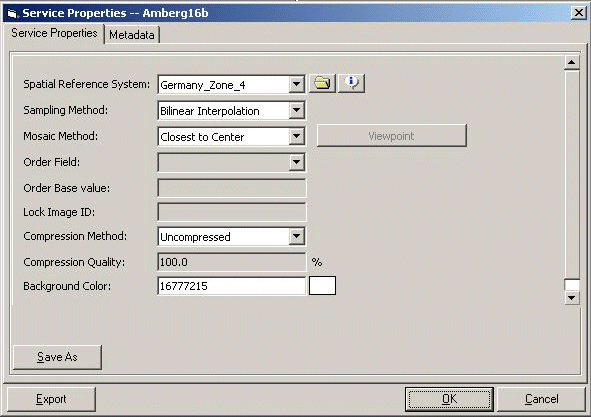 Image Service Properties dialog box