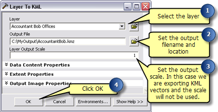 Fill in the Layer to KML geoprocessing tool and click OK