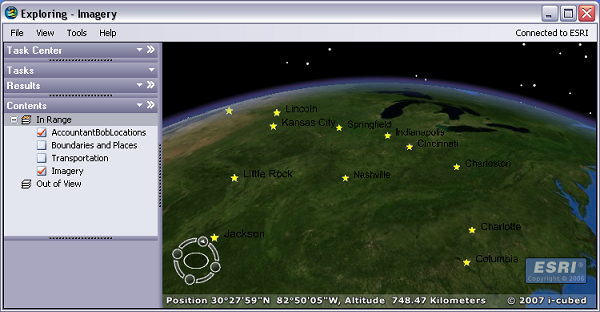 Placemark points, displayed as KML inside ArcGIS Explorer