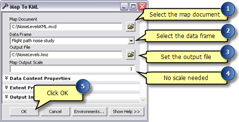 Fill in the Map to KML geoprocessing tool and click OK