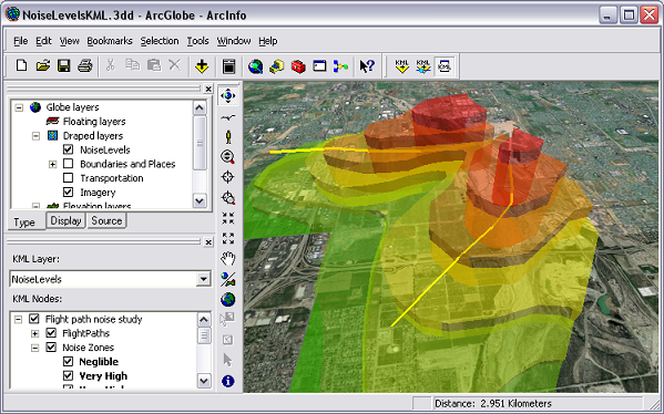 Extruded noise areas, displayed as KML inside ArcGlobe