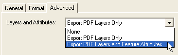 The Export PDF Layers and Feature Attributes option on the Advanced tab of the Export dialog.