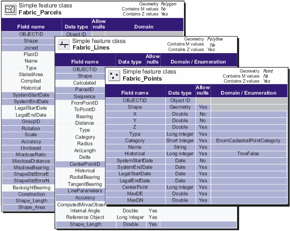 The three features that comprise a parcel in the cadastral fabric