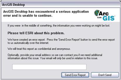 The error report dialog: the error report will be sent via a web service directly to ESRI development