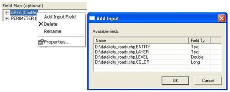 Field map context menu and subsequent Add Output Field dialog
