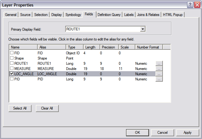 The Fields tab on the Layer Properties dialog.