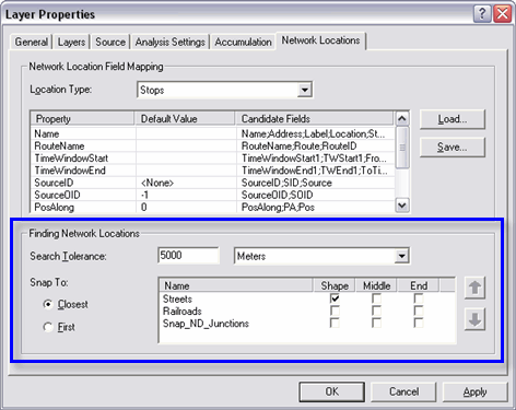 The Finding Network Locations section of the Layer Properties dialog box with the Snap To Closest option selected