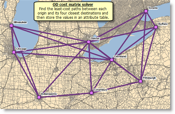OD cost matrix result that was set to find the four closest destinations