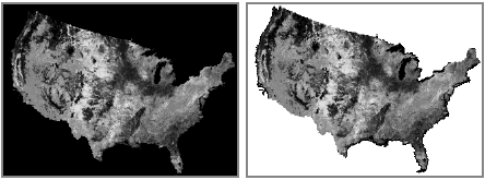 The image on the left shows a 'no data' area with a black background and the image on the right shows that same area using No Color