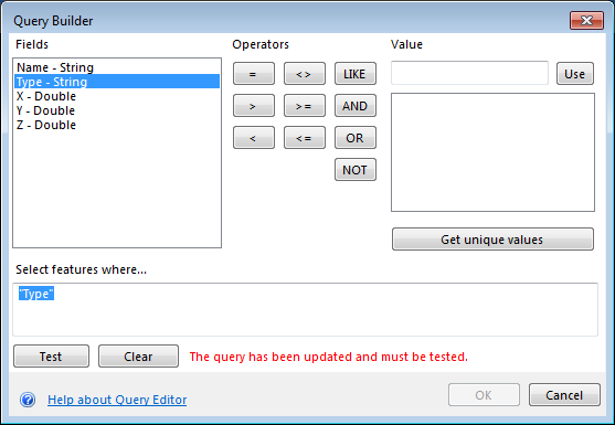 Attribute fields of the selected layer