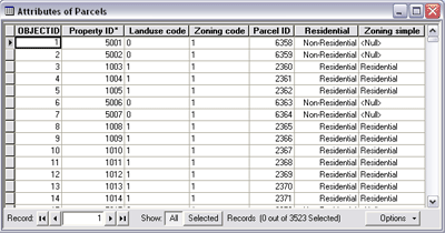 The attribute table for a parcels layer